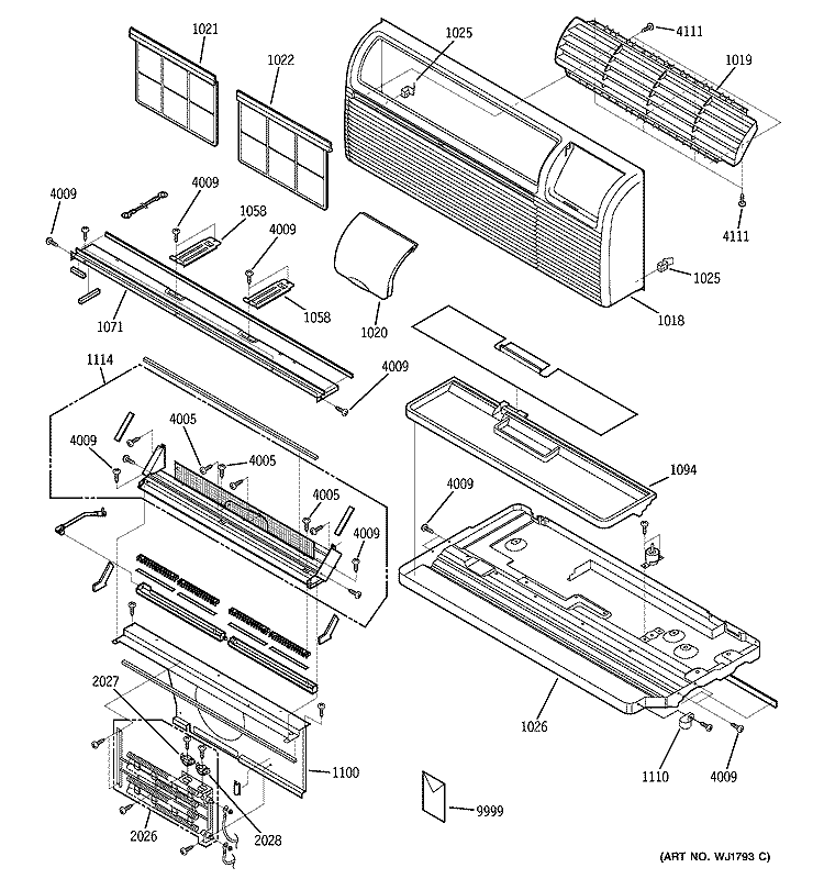 GRILLE, HEATER & BASE PARTS Diagram and Parts List for AZ25E09D2BM1  General Electric Air Conditioner