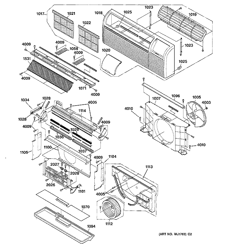 GRILLE & AIR MOVING PARTS Diagram and Parts List for AZ32H12D2DM1  General Electric Air Conditioner