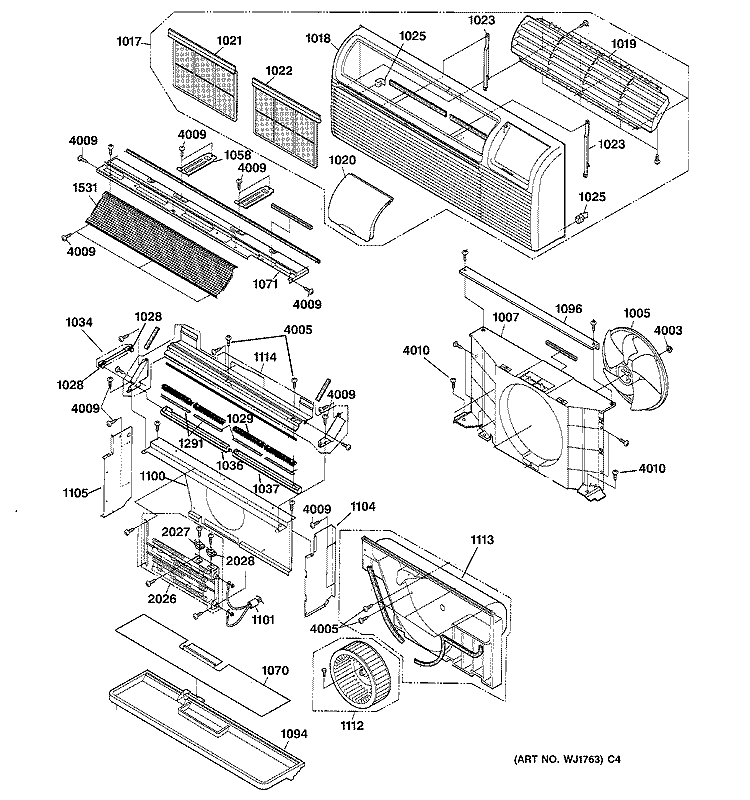 GRILLE & AIR MOVING PARTS Diagram and Parts List for AZ32H12D2DM2  General Electric Air Conditioner