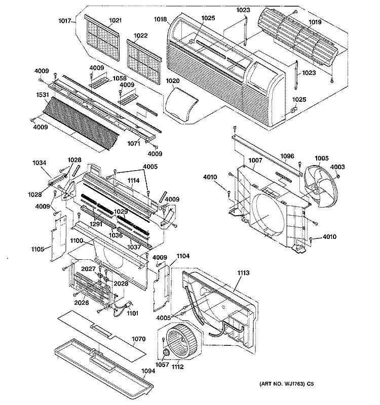 GRILLE & AIR MOVING PARTS Diagram and Parts List for AZ32H12D3DM2  General Electric Air Conditioner