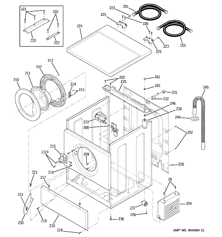 CABINET, DOOR & TOP Diagram and Parts List for WSXH208A1WW  General Electric Washer