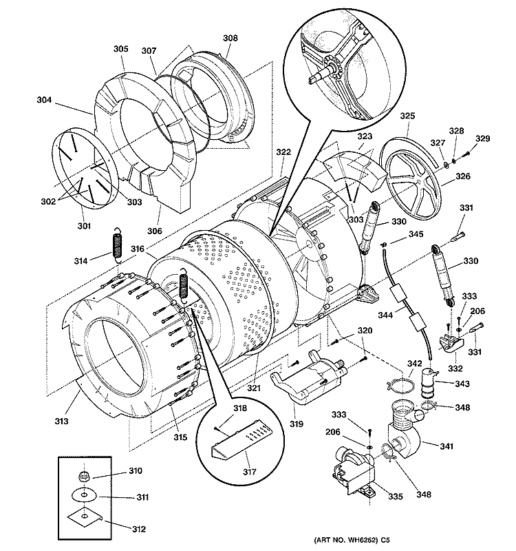 TUB & MOTOR Diagram and Parts List for WSXH208A1WW  General Electric Washer