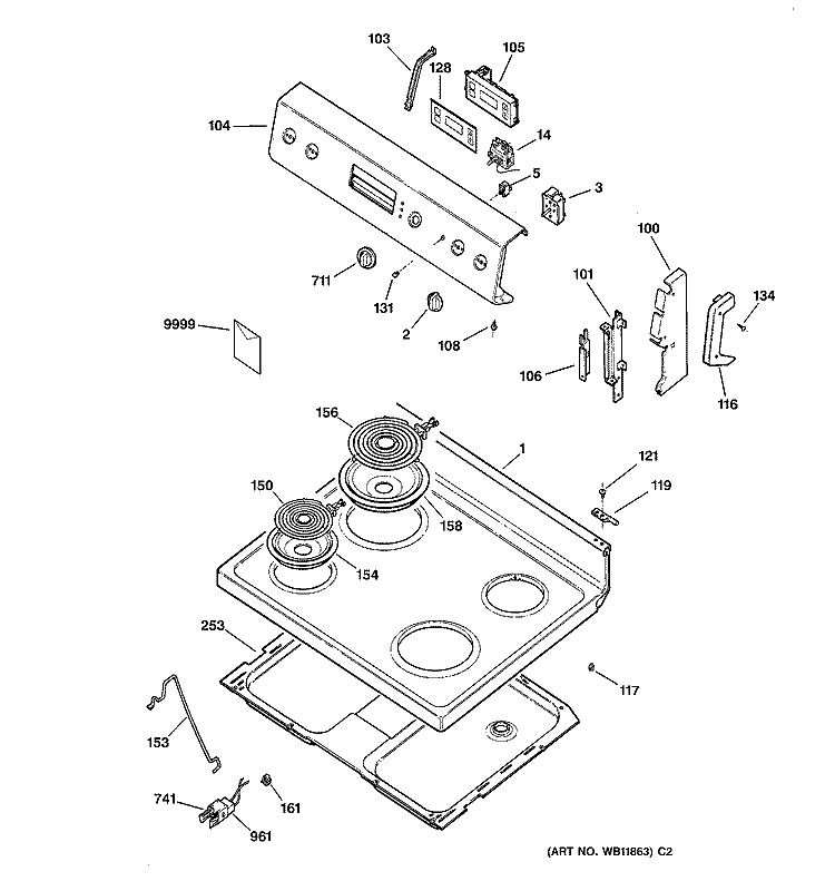 CONTROL PANEL & COOKTOP Diagram and Parts List for RB526C4WW  Hotpoint Range