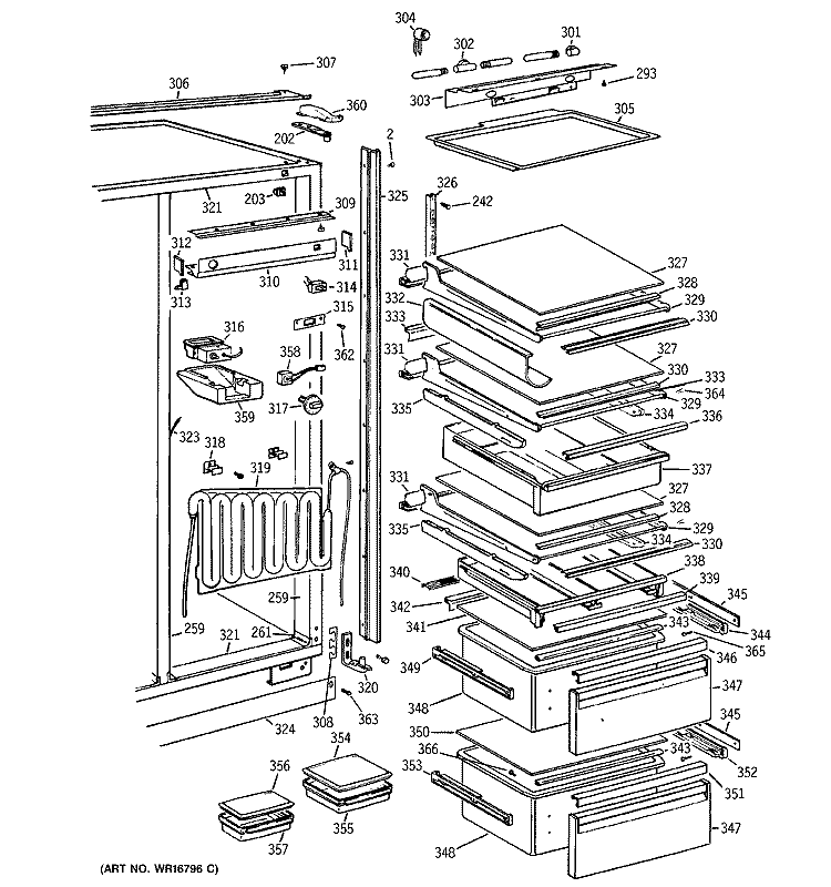 FRESH FOOD SHELVES Diagram and Parts List for BISW42ELD  General Electric Refrigerator