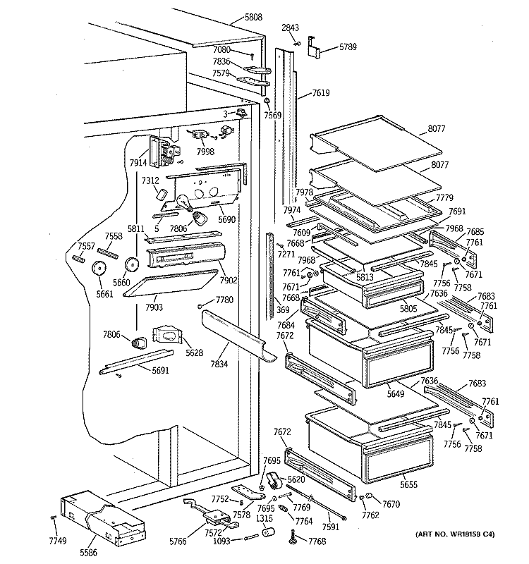 FRESH FOOD SECTION Diagram and Parts List for ZIS36NRB  General Electric Refrigerator
