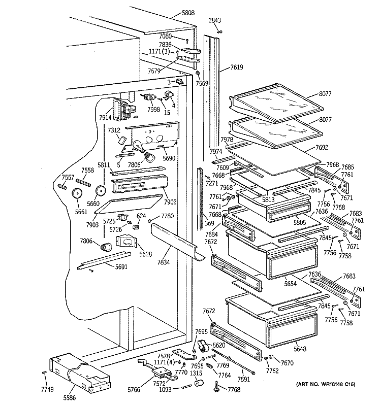 FRESH FOOD SECTION Diagram and Parts List for ZIS36NTB  General Electric Refrigerator