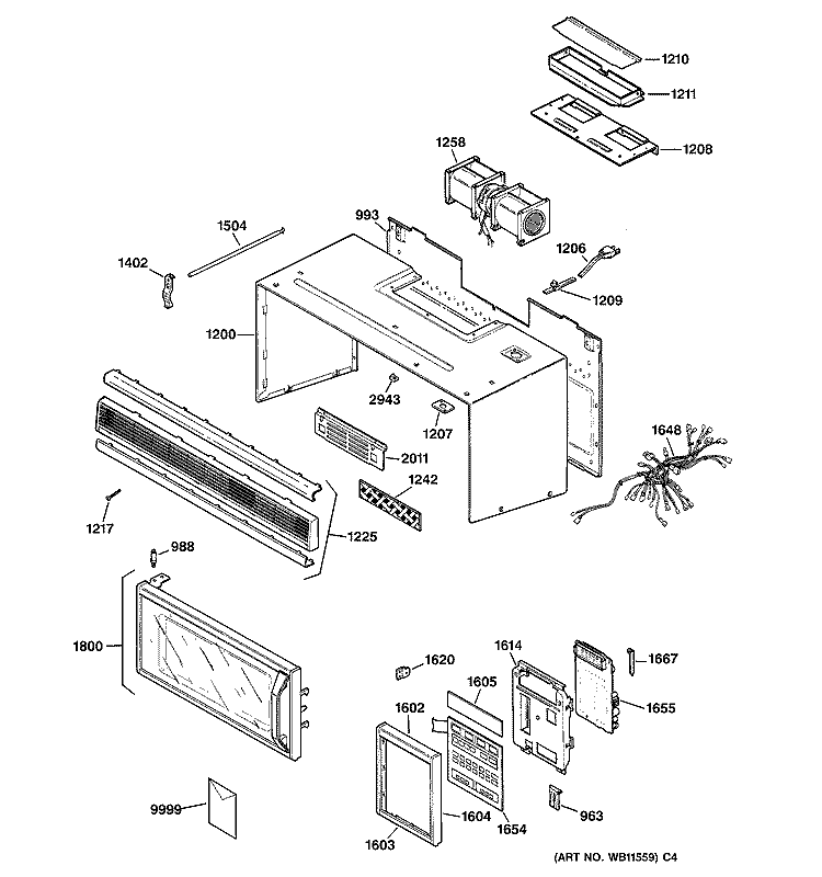 CONTROL PANEL , DOOR & CASE Diagram and Parts List for JVM1190SY01  General Electric Microwave