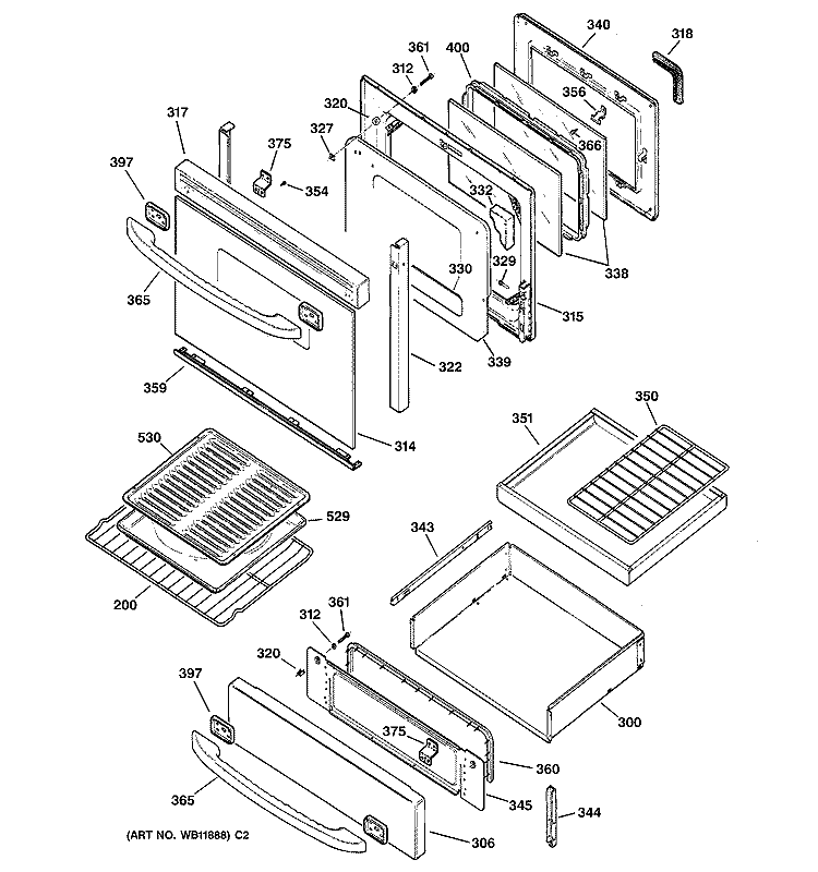 DOOR & DRAWER PARTS Diagram and Parts List for J2B900SEF2SS  General Electric Range