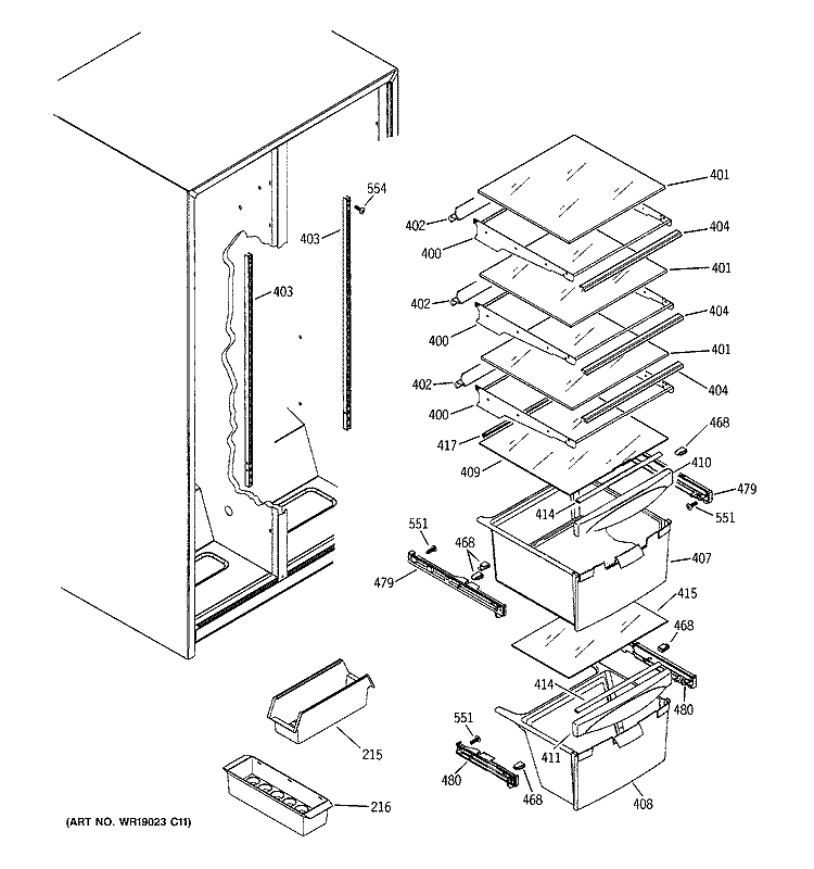 FRESH FOOD SHELVES Diagram and Parts List for GSG20IBPAFBB  General Electric Refrigerator
