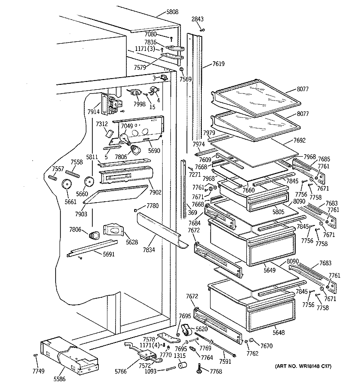 FRESH FOOD SECTION Diagram and Parts List for ZIS42NSB  General Electric Refrigerator