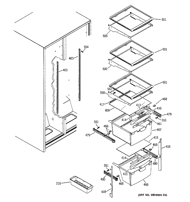 FRESH FOOD SHELVES Diagram and Parts List for GSA22KEPAFWW  General Electric Refrigerator