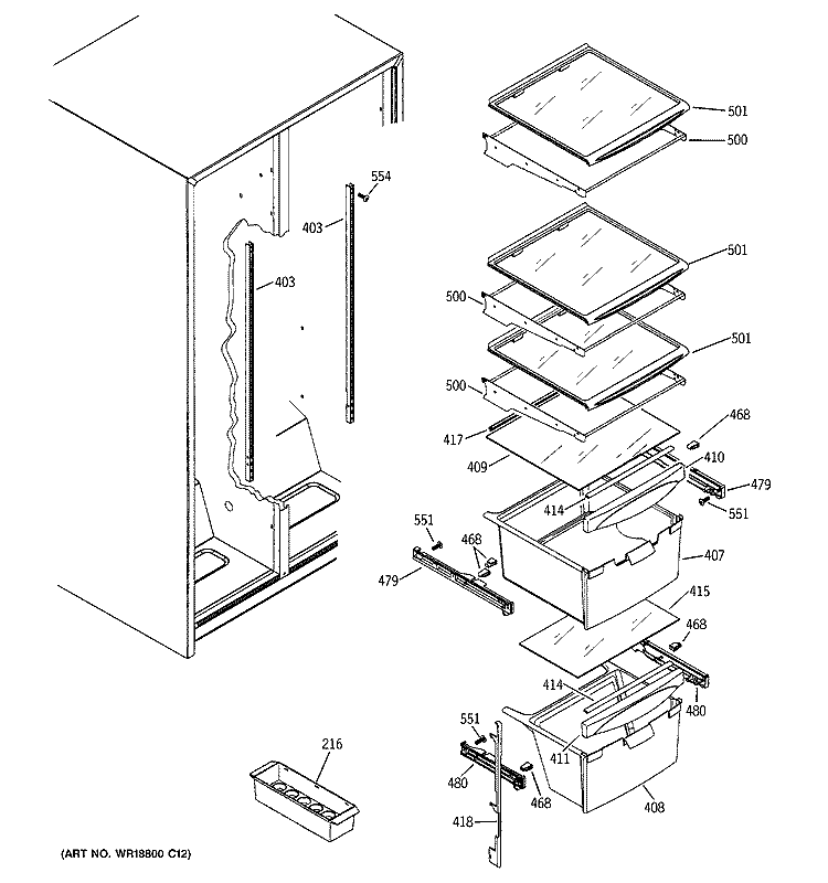 FRESH FOOD SHELVES Diagram and Parts List for GSG25IEPAFWW  General Electric Refrigerator