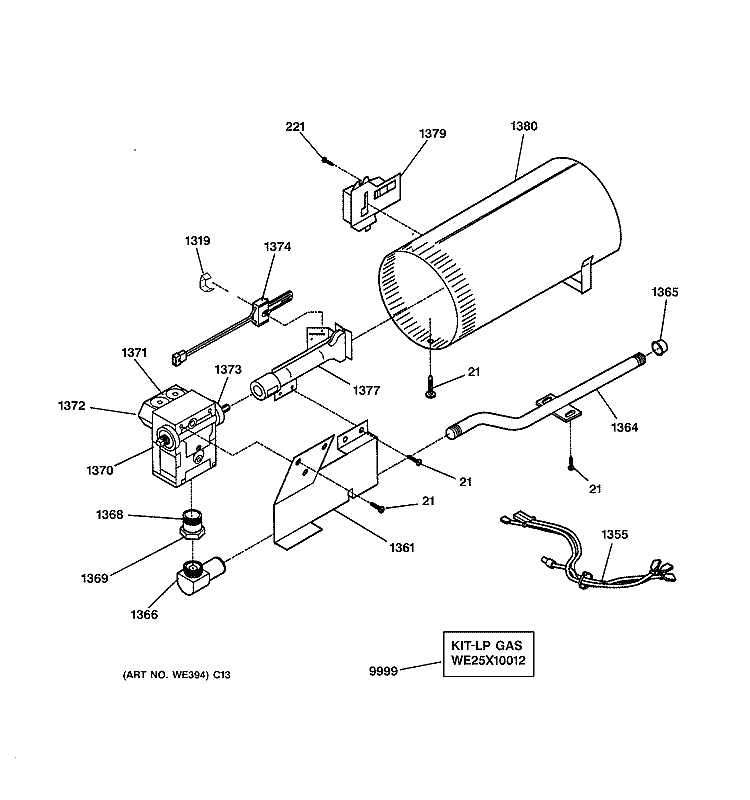 BURNER Diagram and Parts List for NVL333GB4WW  Hotpoint Dryer