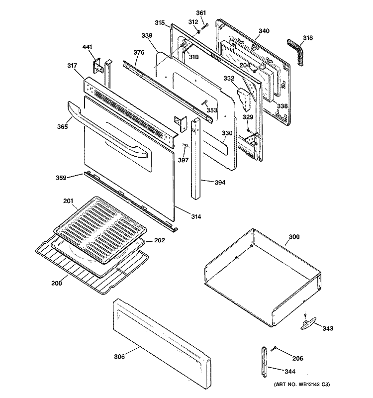 DOOR & DRAWER PARTS Diagram and Parts List for RGB745BEA2CT  Hotpoint Range