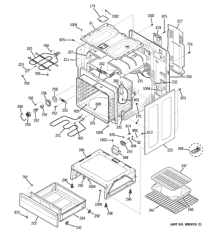 BODY PARTS Diagram and Parts List for JBP26CB2CC  General Electric Range