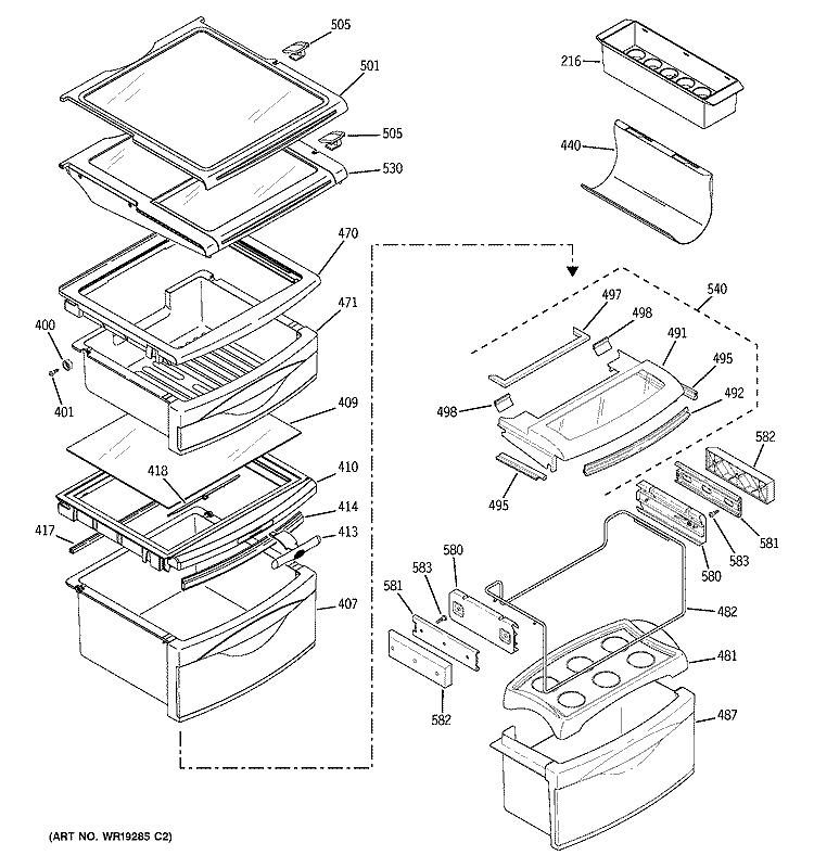 FRESH FOOD SHELVES Diagram and Parts List for PCG23SHMHFBS  General Electric Refrigerator