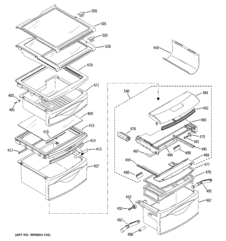 FRESH FOOD SHELVES Diagram and Parts List for ZFSB23DNASS  General Electric Refrigerator