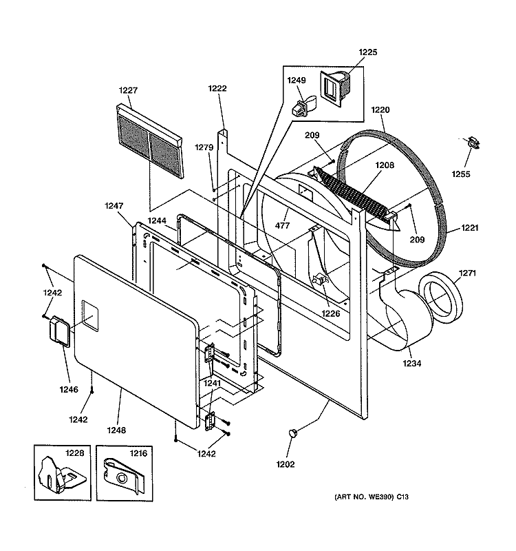 FRONT PANEL & DOOR Diagram and Parts List for DCCH43GA3WW  General Electric Dryer