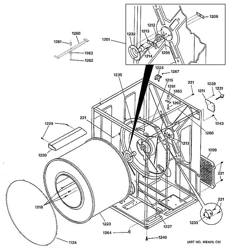 CABINET & DRUM Diagram and Parts List for DCCH43GA3WW  General Electric Dryer