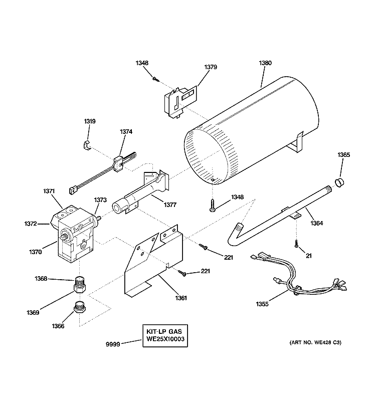 BURNER Diagram and Parts List for DCCH43GA3WW  General Electric Dryer