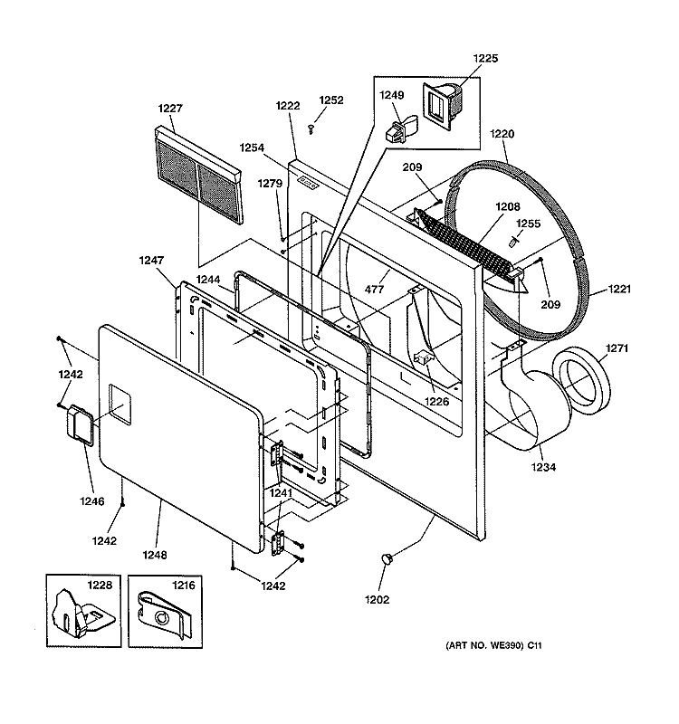 FRONT PANEL & DOOR Diagram and Parts List for DCB330EB3KC  General Electric Dryer