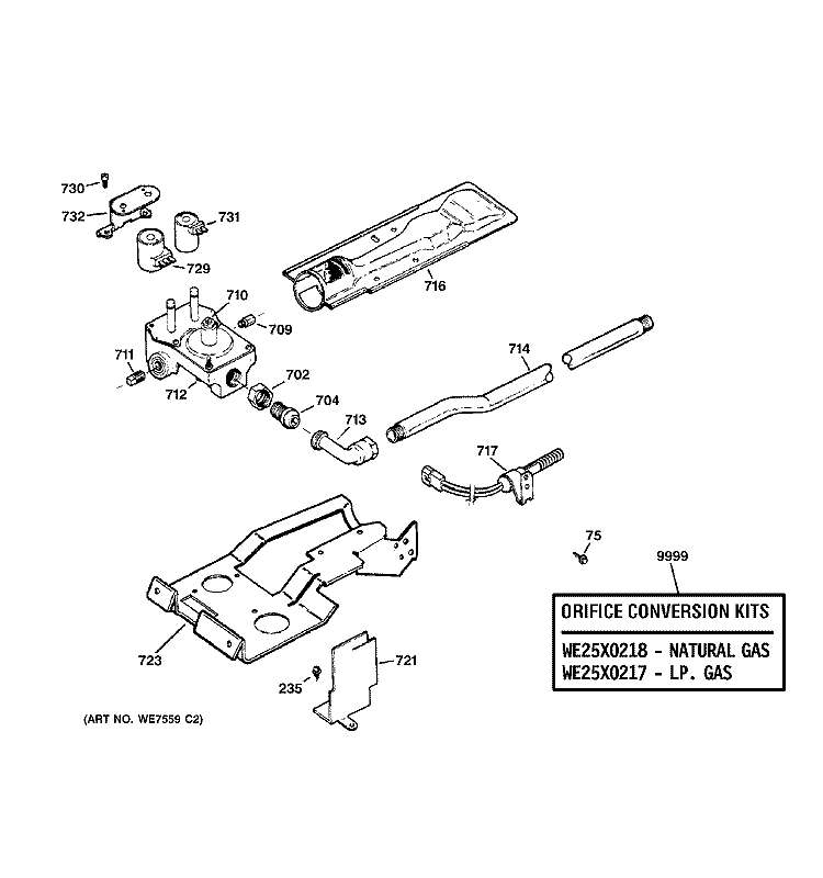 GAS VALVE & BURNER ASSEMBLY Diagram and Parts List for DPXB515GB0CC  General Electric Dryer