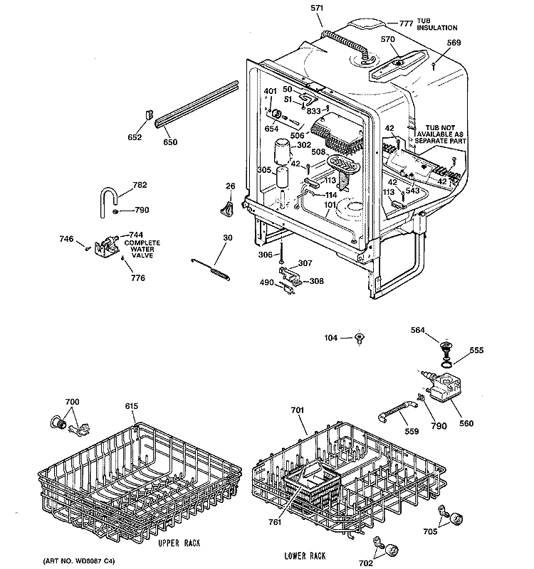 BODY PARTS Diagram and Parts List for GSC3230F00WW  General Electric Dishwasher