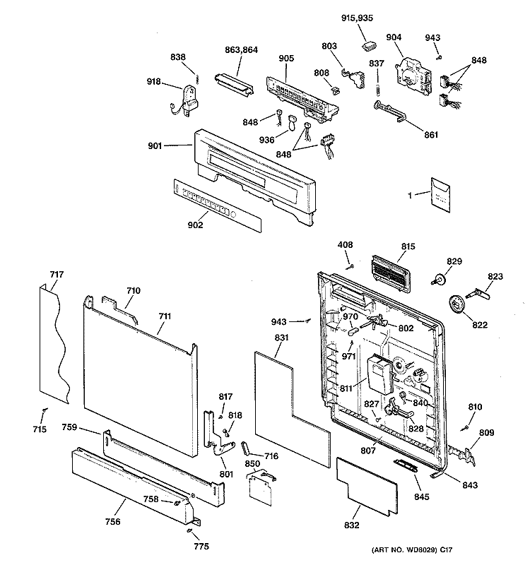 ESCUTCHEON & DOOR ASSEMBLY Diagram and Parts List for EDW2020F01BB  General Electric Dishwasher
