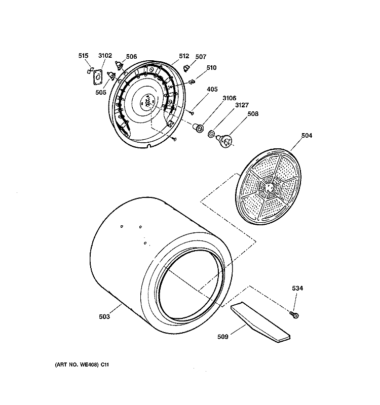 DRUM Diagram and Parts List for DS4500EB1WW  General Electric Dryer