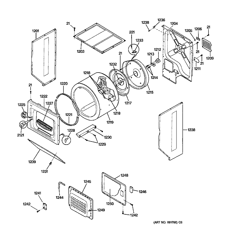 DRYER UPPER CABINET, DRUM & HEATER Diagram and Parts List for WSM2700WBWW  General Electric Washer Dryer Combo