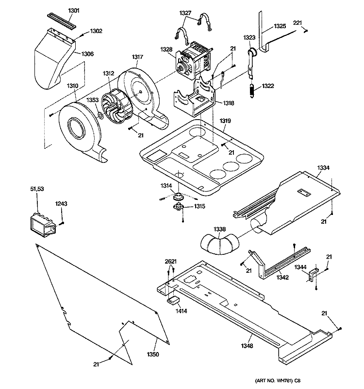 DRYER MOTOR, BLOWER & BELT Diagram and Parts List for WSM2700WBWW  General Electric Washer Dryer Combo