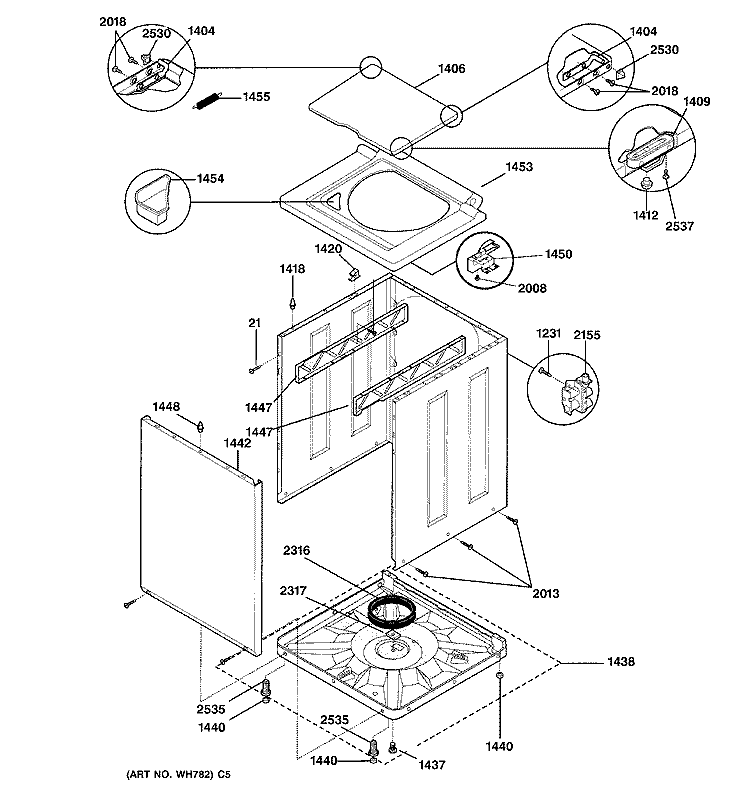 WASHER LOWER CABINET & TOP Diagram and Parts List for WSM2700WBWW  General Electric Washer Dryer Combo