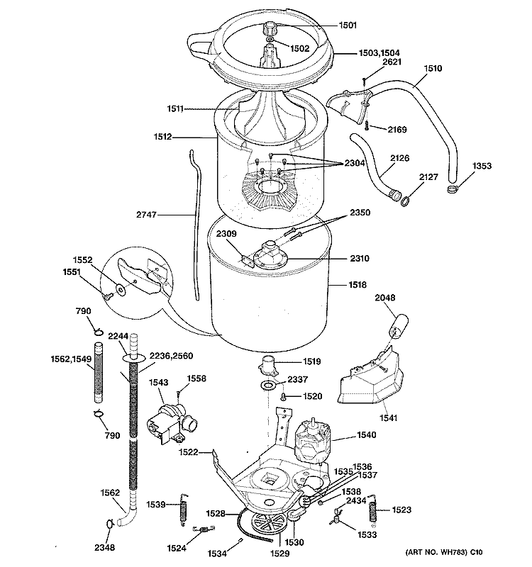 WASHER MOTOR & TUB Diagram and Parts List for WSM2700WBWW  General Electric Washer Dryer Combo
