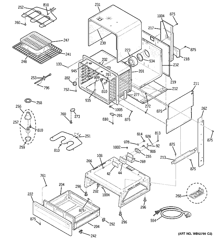 BODY PARTS Diagram and Parts List for JCSP47WF2WW  General Electric Range