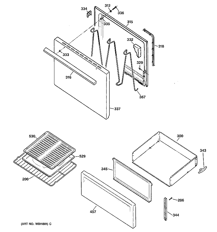 DOOR & DRAWER PARTS Diagram and Parts List for JBS03C2WH  General Electric Range