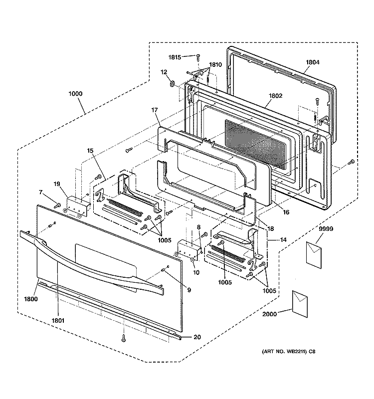 DOOR PARTS Diagram and Parts List for SCB2001CSS03  General Electric Microwave Oven Combo