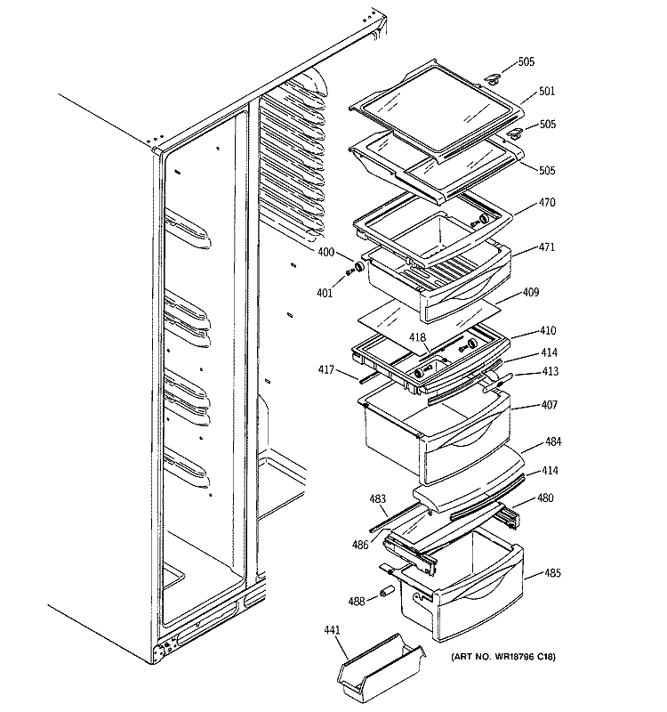 FRESH FOOD SHELVES Diagram and Parts List for DSS25LGPACC  General Electric Refrigerator