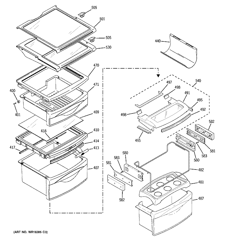 FRESH FOOD SHELVES Diagram and Parts List for PSC23NHPAWW  General Electric Refrigerator