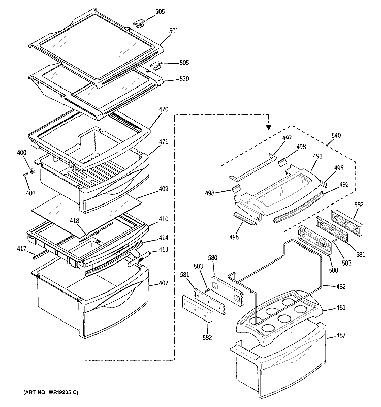 FRESH FOOD SHELVES Diagram and Parts List for PSH23NGPAWW  General Electric Refrigerator