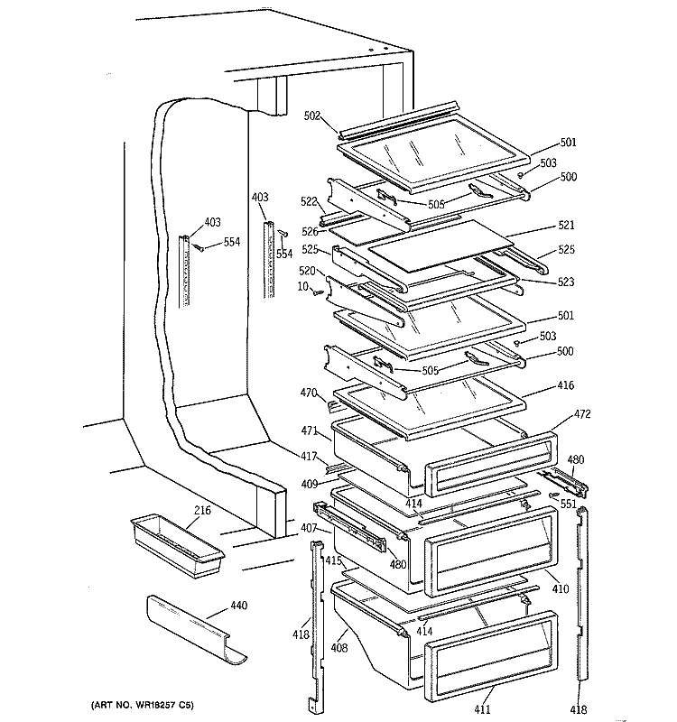FRESH FOOD SHELVES Diagram and Parts List for TPG21PRDABB  General Electric Refrigerator