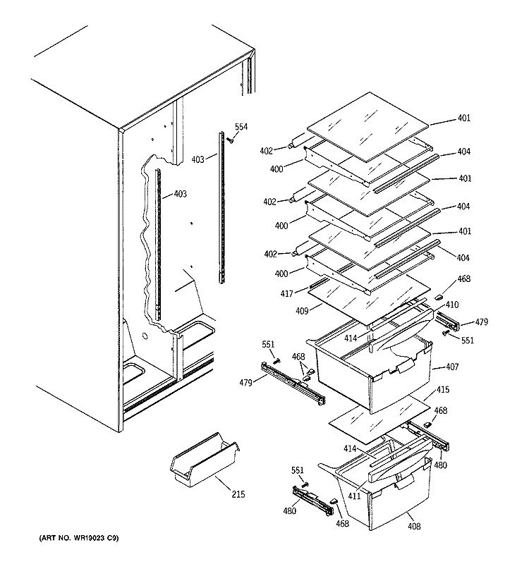 FRESH FOOD SHELVES Diagram and Parts List for RSG22IBPAFWW  General Electric Refrigerator