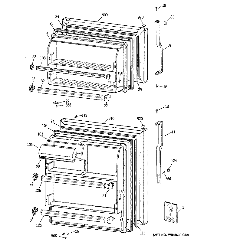 DOORS Diagram and Parts List for HTS16HBMDRWW  Hotpoint Refrigerator