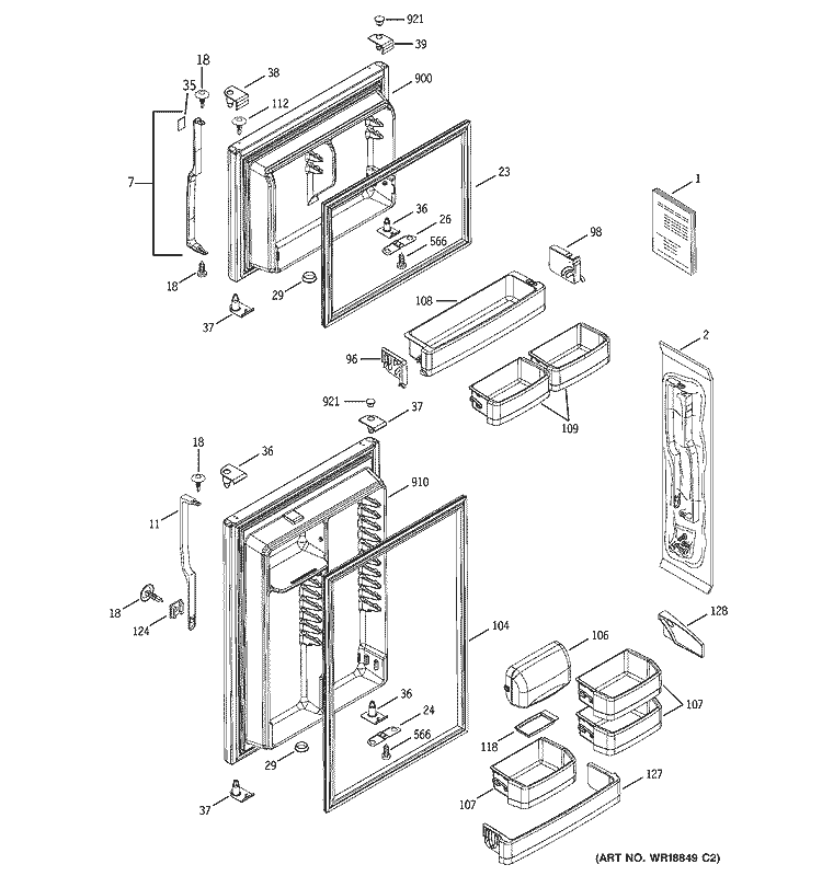 DOORS Diagram and Parts List for GTS19QBNBRBB  General Electric Refrigerator