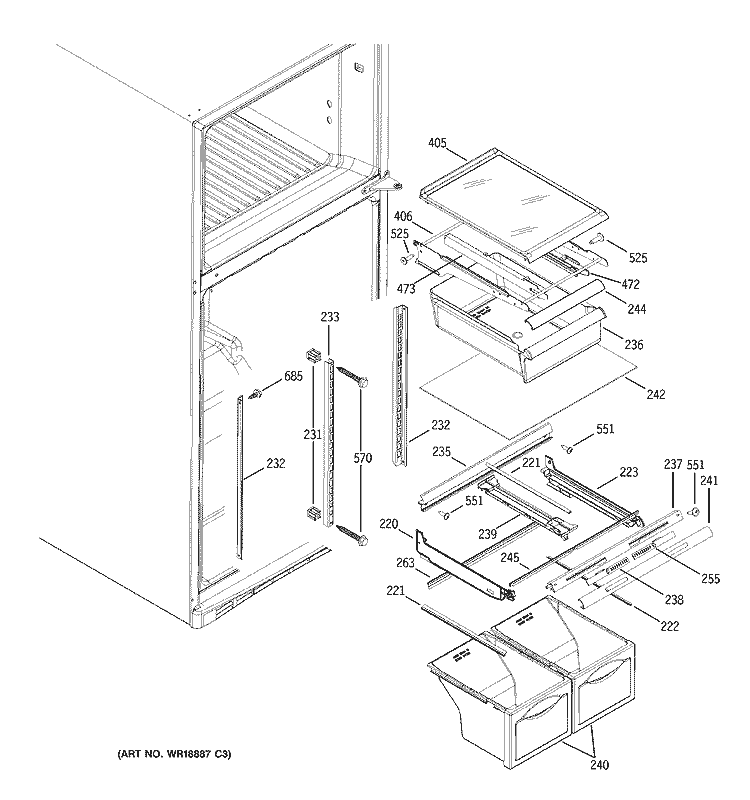 FRESH FOOD SHELVES Diagram and Parts List for GTS19QBNBRBB  General Electric Refrigerator