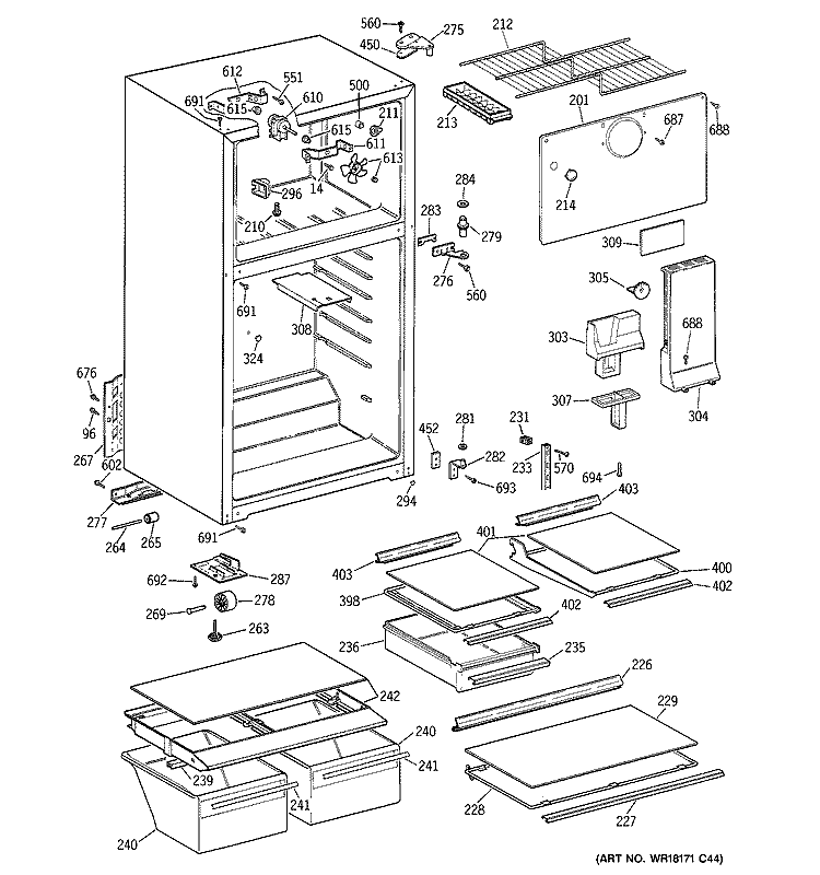 CABINET Diagram and Parts List for GTT18HBMBRCC  General Electric Refrigerator