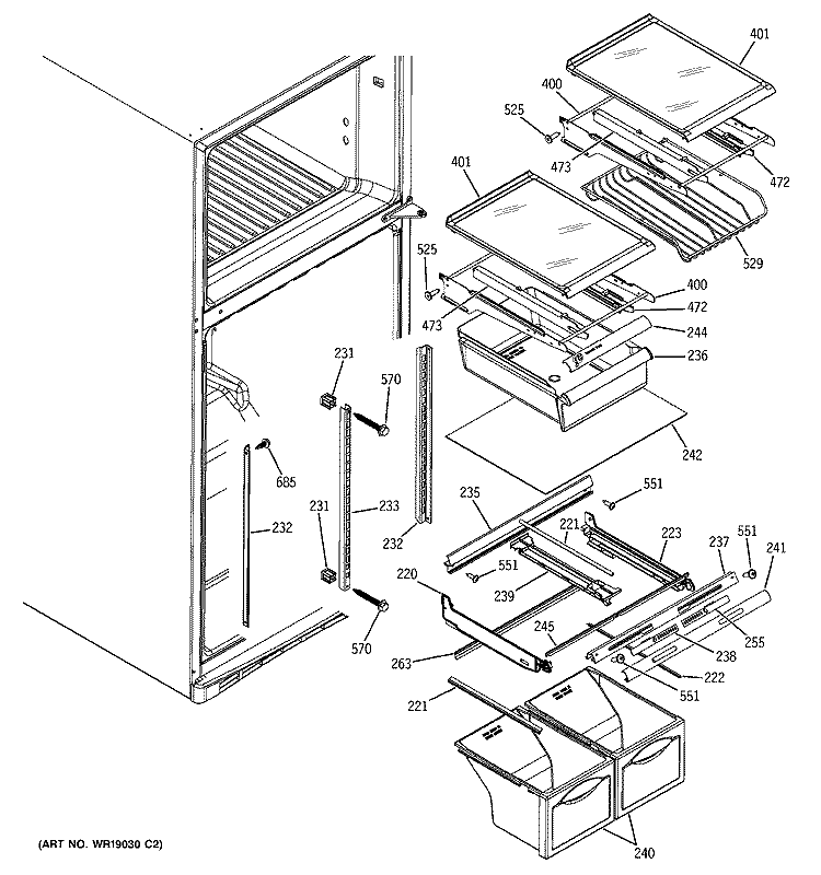 FRESH FOOD SHELVES Diagram and Parts List for GTS18UBMDRBB  General Electric Refrigerator
