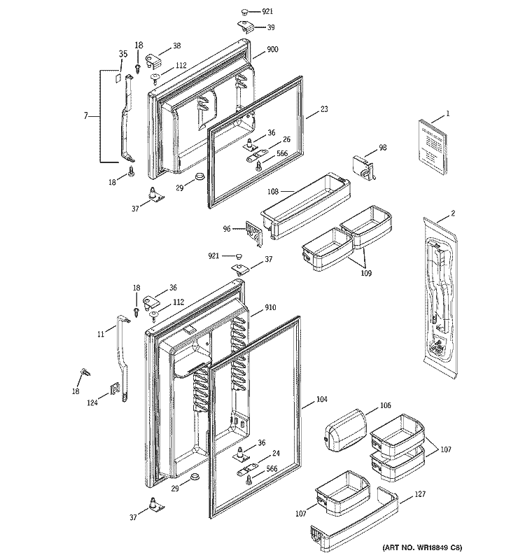 DOORS Diagram and Parts List for GTS18WCMDRWW  General Electric Refrigerator