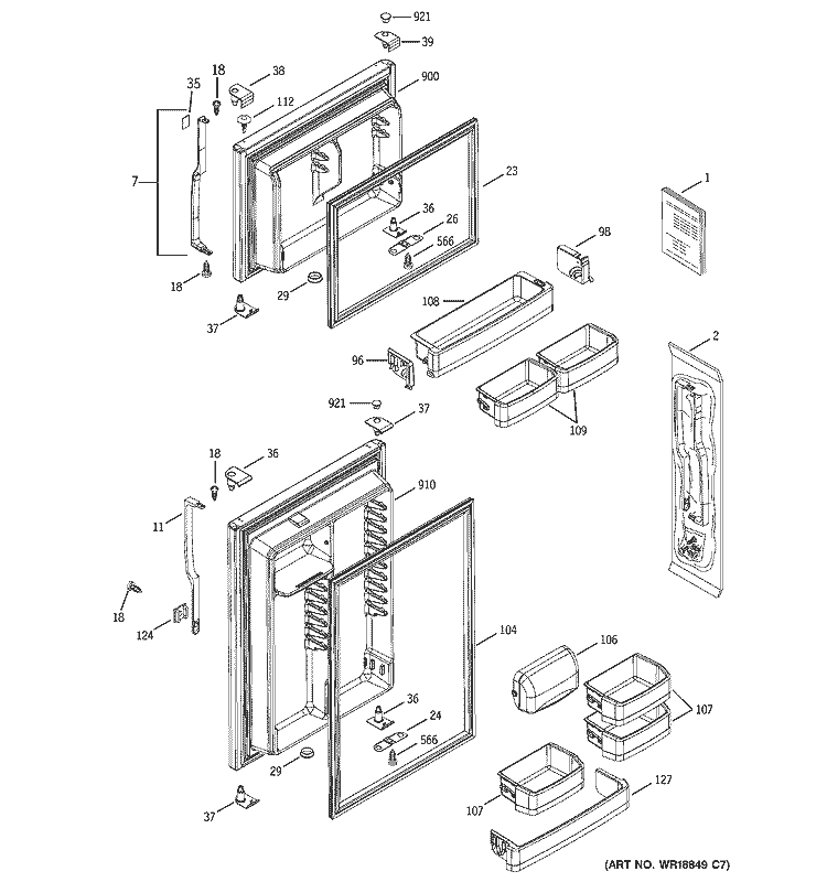 DOORS Diagram and Parts List for GTS19QBNDRBB  General Electric Refrigerator