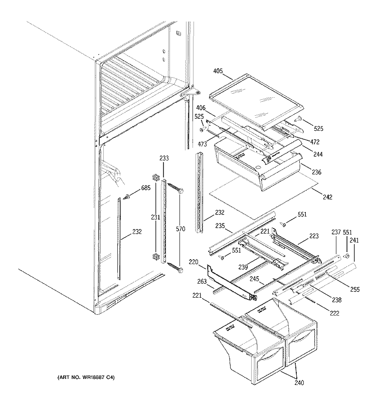 FRESH FOOD SHELVES Diagram and Parts List for GTS19QBNDRBB  General Electric Refrigerator