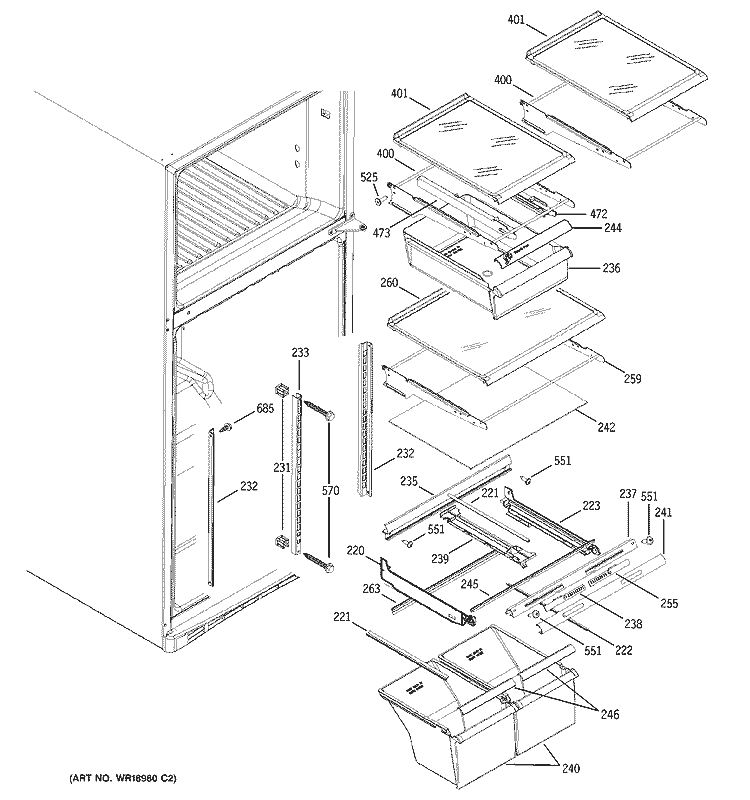 FRESH FOOD SHELVES Diagram and Parts List for GTS19ZCMDRWW  General Electric Refrigerator